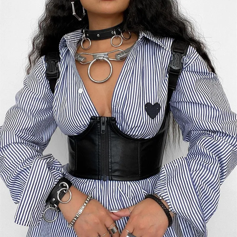 Darlingaga Streetwear Punk PU Leather Crop Top Women Buckle Zipper Gothic Tank Top Suspenders Strap Summer Tops Camisole Clothes