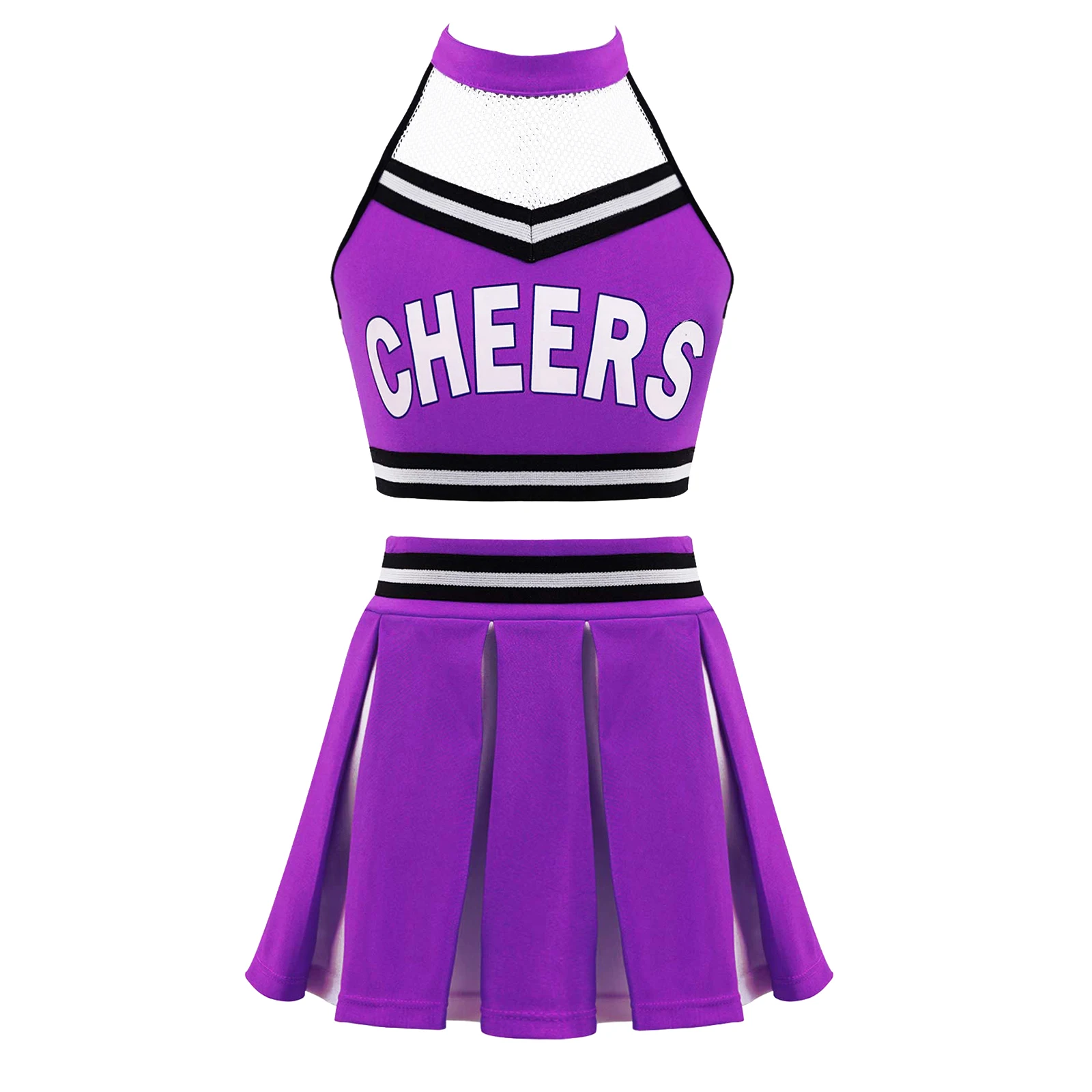 Girls Cheerleader Uniform Dance Costume Halter Mesh Patchwork Cheers Print Crop Top with Pleated Skirt Pompoms Cheerleading Suit
