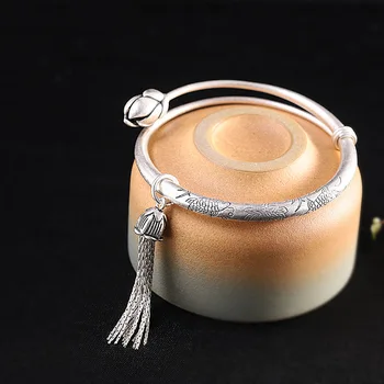 

999 Sterling Silver Ornament National Style Handmade Women Lotus Tassel Bracelet Creative Design