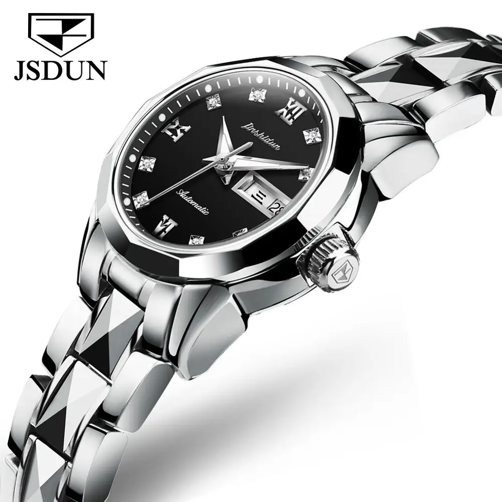 Silver Black JSDUN, белый бриллиант, маленький циферблат, элегантные женские часы, автоматические механические часы, женские сапфировые водонепроницаемые женские часы, подарки - Цвет: Silver Black