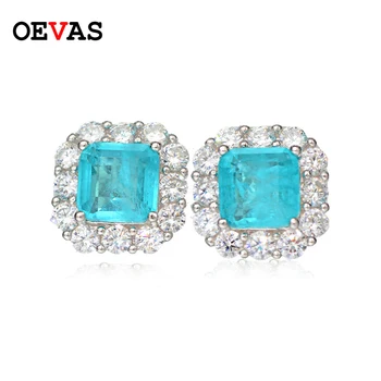 

OEVAS Fashion Brand Light Blue Suqare AAAAA+ Zircon Saprking Stud Earrings Top Qualiy 925 Sterling Silver Party Jewelry Gift