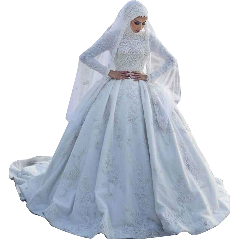 Gorgeous Lace Appliqued Muslim Ball Gown Wedding Dresses With Hijab High Neck Puffy Bridal Dress Long Sleeves Wedding