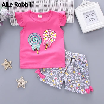 

Infant Girl Baby Clothes Suit Cartoon Lollipop Short Sleeve T-Shirt Shorts 2 Piece Set Cotton Floral Children's Clothing