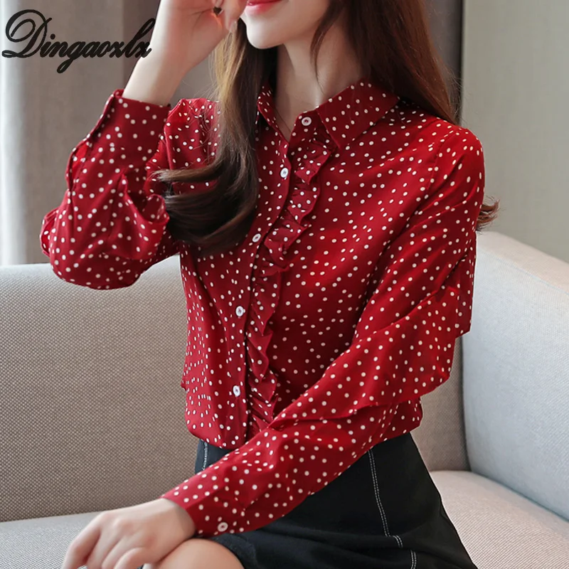 

Dingaozlz New Fashion Ruffles Casual shirt Elegant Women Chiffon blouse Tops Slim Polka dot Printed clothes