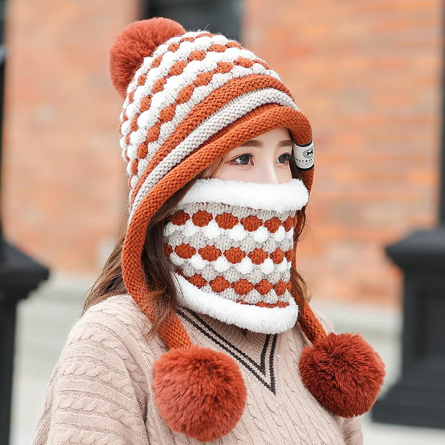 orange Женские теплые осенние зимние вязаные шапки Шапки Маска женская зимняя шапка вязаный набор шапки и шарфа круглая Лыжная Шапка женская - Цвет: orange