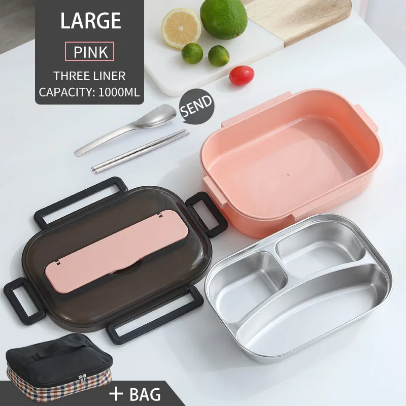 Pink 3 Grid And Bag WORTHBUY Портативный Ланч-бокс для детей, школьный контейнер для еды, 304 нержавеющая сталь, Бенто-бокс с отсеком, коробка для еды для микроволновой печи - Цвет: Pink 3 Grid And Bag