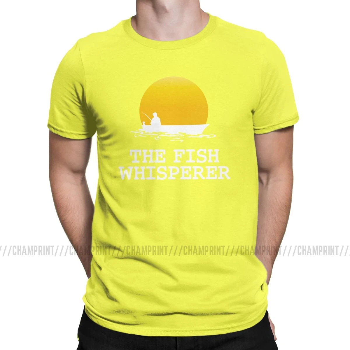 Для мужчин футболки рыба Whisperer Смешные натуральный хлопок Футболка короткий рукав Рыбалка смешные ботинки в рыбацком стиле; футболка с круглым вырезом Костюмы - Цвет: Цвет: желтый