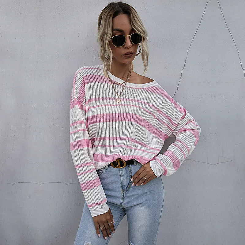 

2020 Women's Autumn Casual Knitted Sweater Fashion Striped Patchwork Three-Quarter Sleeve Pullover Sexy Hollow Out O-Neck Tops