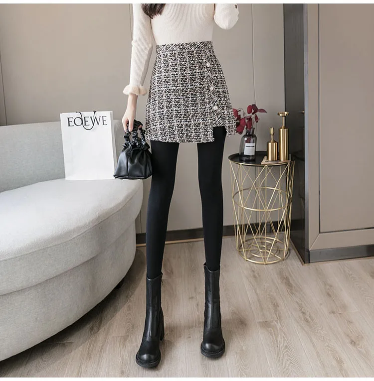 Autumn Winter Mini Tweed Skirt Women Elegant Plaid Skirts Ladies Fashion Korean High Waist Buttons Sexy Short Skirts Package Hip