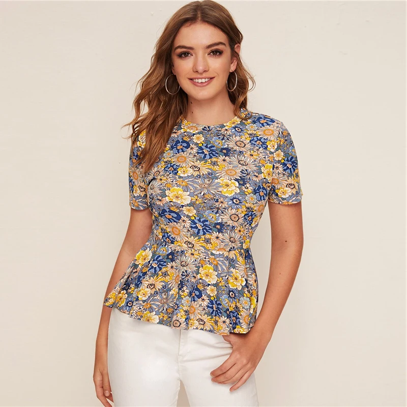 SHEIN Multicolor Floral Print Peplum Short Sleeve Top Women 2020 Summer Flared Ruffle Hem O-neck Womens Blouses and Tops