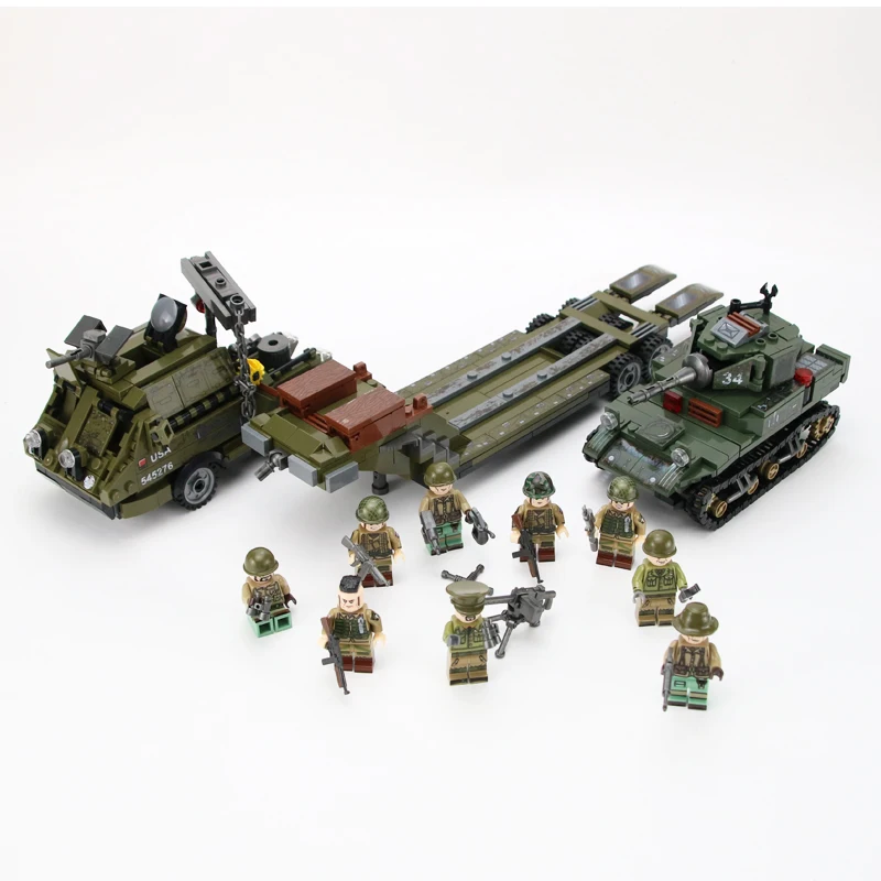 Billig Military US Armee drachen schweren Anhänger Stuart tank Bausteine Military WW2 Armee Soldaten Figuren Waffe gun teile Ziegel spielzeug