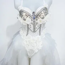 Сексуальное Белое Кружевное боди со стразами Женская певица DJ DS танцевальная одежда сценический костюм трико для ночного клуба шоу