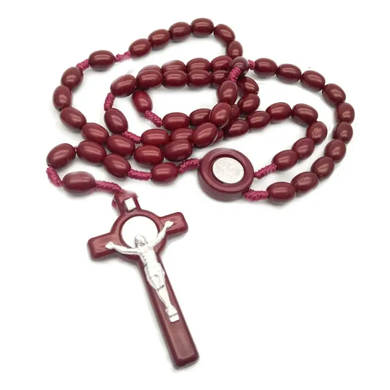 Деревянные бусины Иисуса 8 мм Четки из бисера крест кулон ожерелье плетеная веревка цепь ювелирные изделия аксессуары M68E