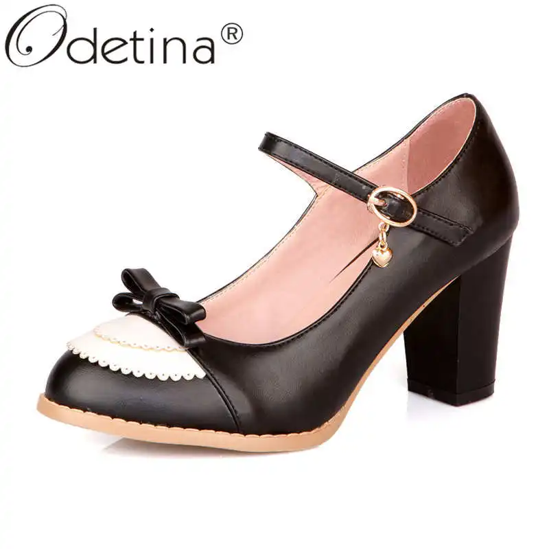 

Odetina Women Fashion Block High Heel Buckle Strap New Party Shoes Ladies Sweet Round Toe Bow Wingtip Elegant Mary Janes Shoes