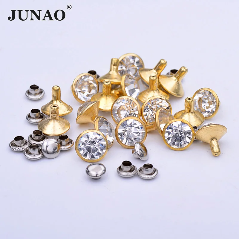 

JUNAO 100Pcs 10mm Gold Color Rhinestones Rivets Metal Brass Spikes Studs Punk Decorative Rivet For Leather Clothes Shoes