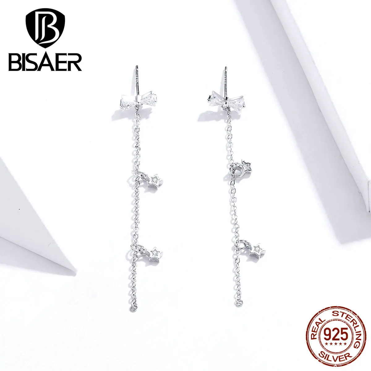 Серьги с кисточками и бантом, BISAER, 925 пробы, серебро, милая Длинная цепочка с бантом, женские серьги-гвоздики, модное ювелирное изделие ECE791