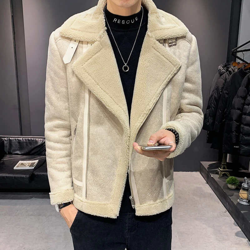 Beige White Осенне-зимняя замшевая куртка Мужская модная уличная одежда мужские повседневные куртки с отложным воротником высококачественные мужские куртки и пальто - Цвет: Beige White