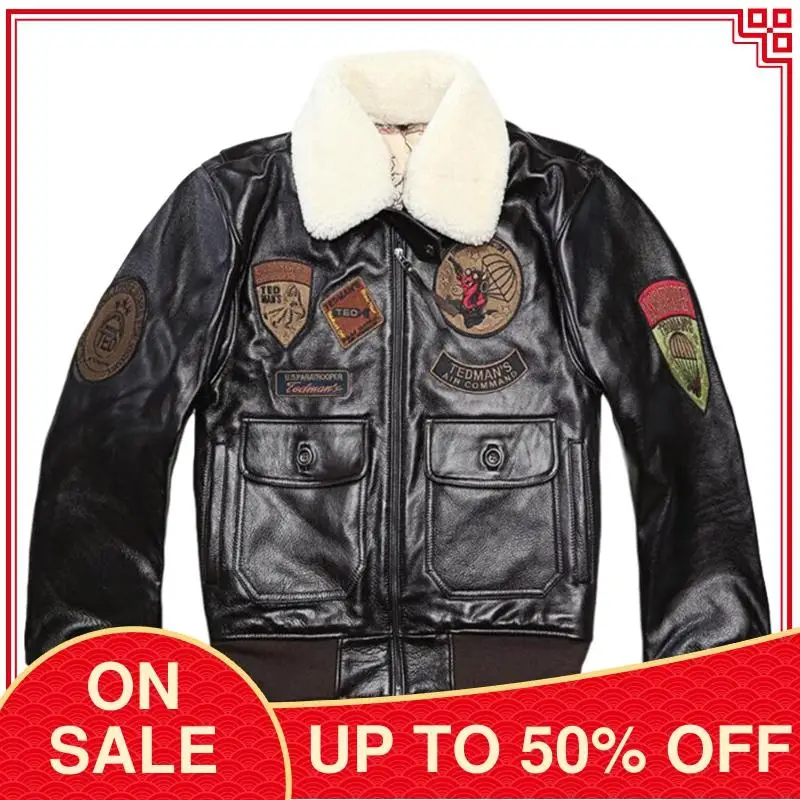 

2020 Brown Military Style Pilot Leather Jacket Wool Collar Europe Size Genuine Natural Thick Cowhide Winter Warm Aviator Coat