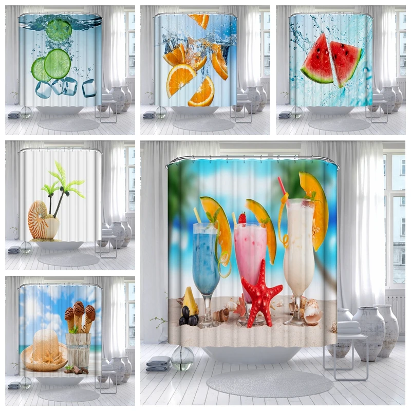 

Green Lemon Orange Red Watermelon Printed Bath Shower Curtains Summer Sea Beach Glass Drink Pattern Bathroom Curtains Decoration