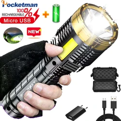 Lampe de poche Portable à lumière LED, imperméable, lanterne Rechargeable par USB, pour la pêche et le Camping, avec batterie intégrée 