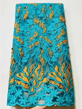 

latest high quality sky blue gold swiss lace fabric 5yards cotton lace fabric for dress FJ830