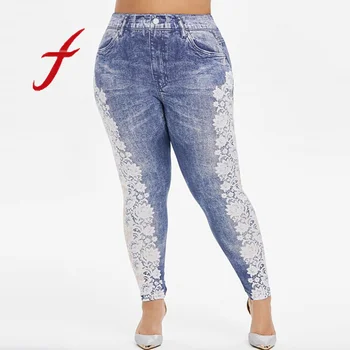 

feitong Womens Plus Size jeans mujer 2020 Imitation Cowboy Printing Elastic Waist Casual Leggings Pant pantalones vaqueros mujer