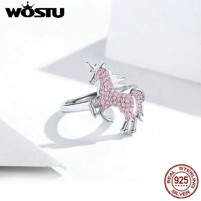 WOSTU классические подлинные 925 пробы серебряные милые розовые кольца с единорогами Горячая Мода новые CZ Регулируемые кольца FIR557
