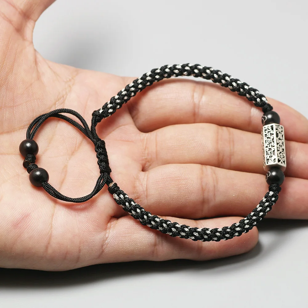 Mantra OM Bracelet For Men 925 Sterling Silver Charm Tibetan Handmade Knots Lucky Rope Bracelet Buddhism Jewelry