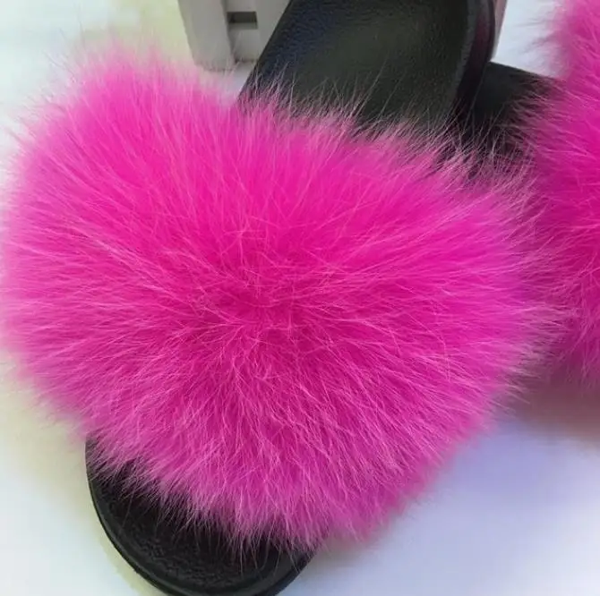 Real Raccoon Fur Slippers Women Sliders Casual Fox Hair Flat Fluffy Fashion Home Summer Big Size 45 Furry Flip Flops Shoes - Цвет: fox