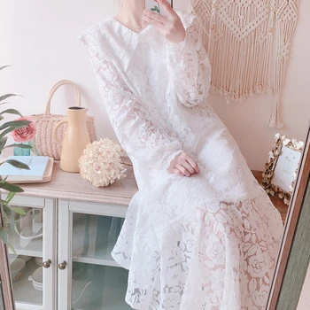 

Original Design Spring French Fairy Doll Collar Long Sleeve White Mid-length Lace Dress Ruffle Bottoming Dress 2020