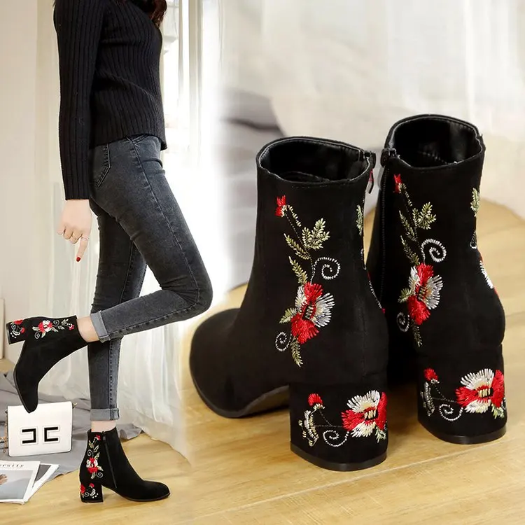 

Chinese Style Embroidery Booties Women 2019 Autumn and Winter New Martin Boots Thick with Wild Women's Boots Cotton Boots