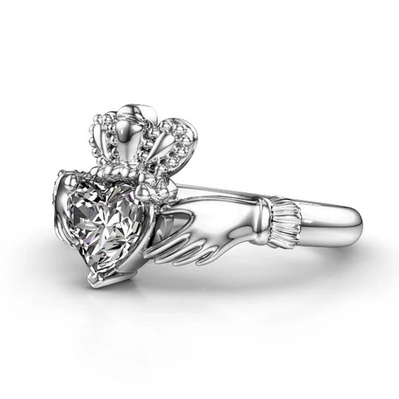 Милый Романтический белый Claddagh кольцо серебряного цвета Кристальный, сердце, кольцо винтажные Свадебные обручальные кольца для женщин