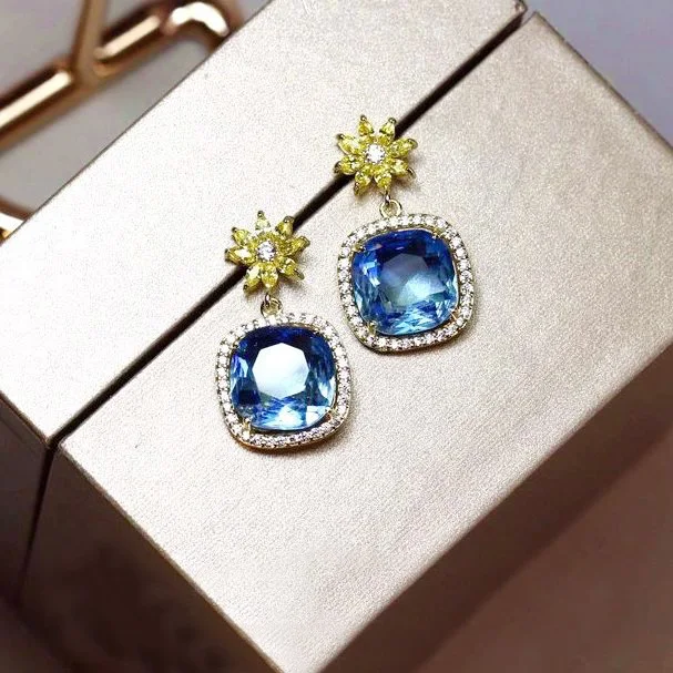 

Fashion bold color-blocking Square light blue CZ crystals Drop Earrings shinning yellow flower Women Jewelry Gold Color Female