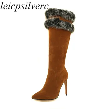 

Women Boots Autumn Winter Rabbit Hair Super High Heel Pointed Toe Flock Knee High Zip Thin Heels 2019 New Sexy Fashion Boots