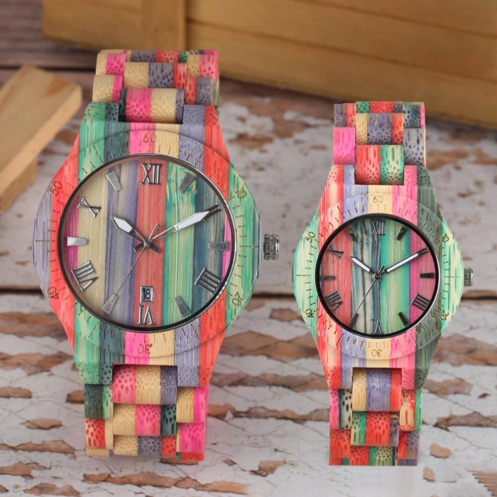 Top Material Luxury Couple Watches Fashion Colorful Men and Women Couple Bamboo Wood Quartz Analog Watch 1