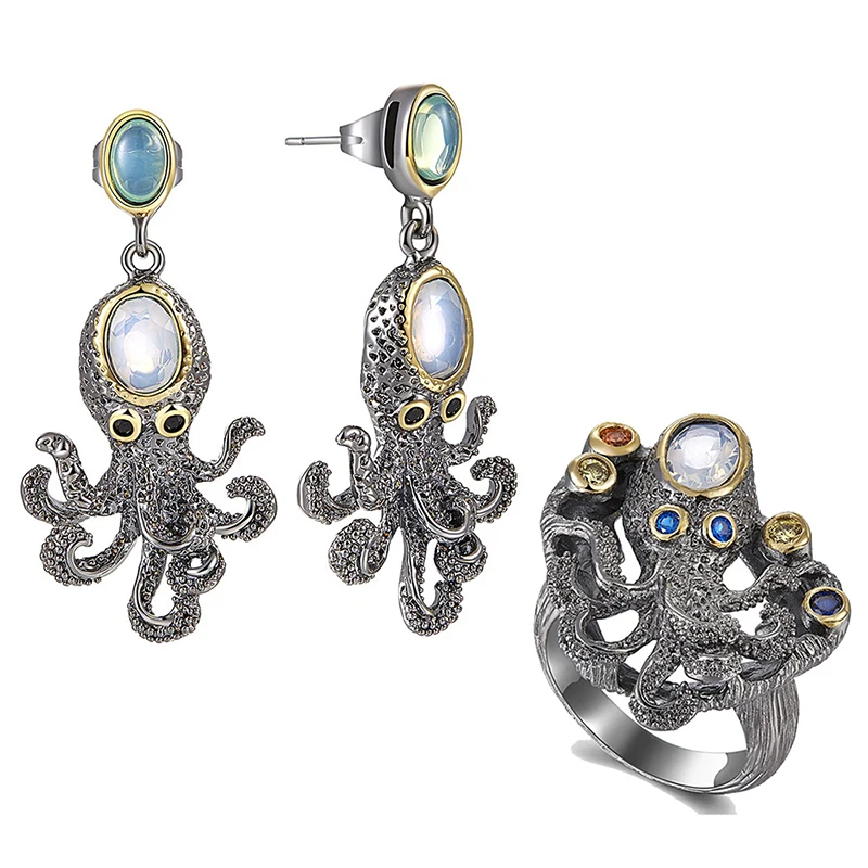 Black Octopus earrings ring sets (19)