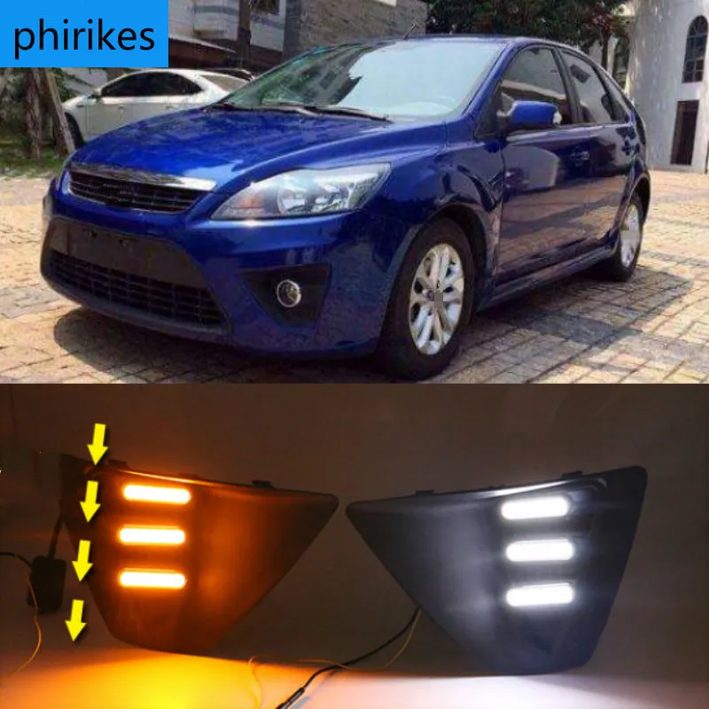 

Противотуманные фары для Ford Focus 3 MK3 2009-2011, дневные ходовые огни, ДХО, светодиодные, с желтыми функциями указателя поворота
