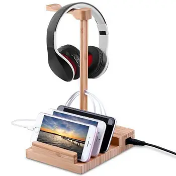 

2020 Wooden Desktop 3 Ports Headset Hanger Storage Rack USB Charging Dock Station Headset Desk Display Shelf Rack for Headphone