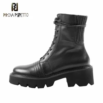 

Prova Perfetto Thick Bottom Ankle Boots Women Lace-Up Round Toe Genuine Leather Beige Black Big Size 35-42 Fashion Punk Boots