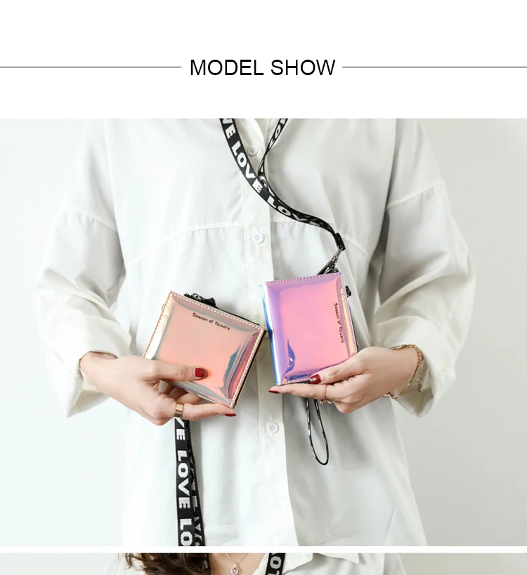 New Lanyard Laser Holographic Wallet Women Long Purse Female Clutch Bag Women Wallets Purses Zip Phone Pocket