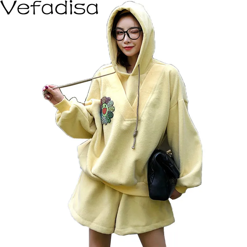 Vefadisa V-Neck Hooded Sweatshirt Sets Woman 2019 Autumn Winter Letter Printed Pullover Elastic Waist Shorts Pants QYF1213 |