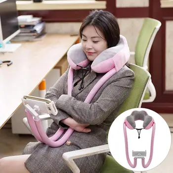 

U Shaped Pillow Neck Rest Soft Cushion with Adjustable Phone Holder Bracket Mobile Phone Holder Neck Support Pillow Car ChairBed