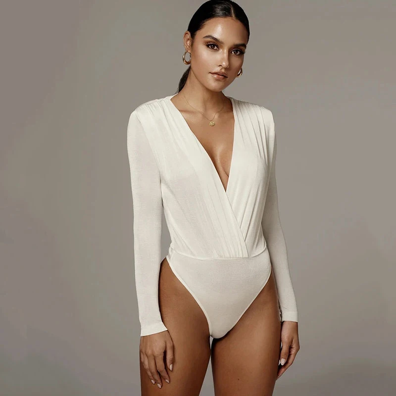 nude bodysuit Femme Velvet Sexy Deep V-Neck Criss Cross Long Sleeve Ruched Bodysuit Slim BLack Bodycon Jumpsuit Women's Grey Body Tops Spring white bodysuit