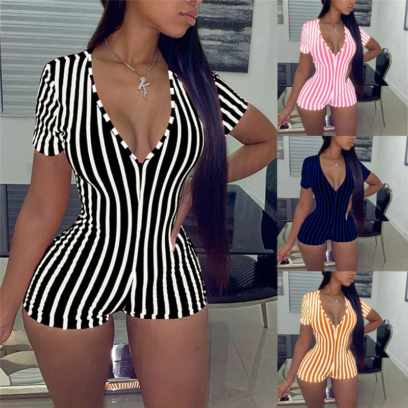 2020 Sexy Women Deep V neck Bodycon Jumpsuit Romper Sleepwear Short Sleeve Striped Summer Jumpsuit Short Romper Bodysuit Leotard