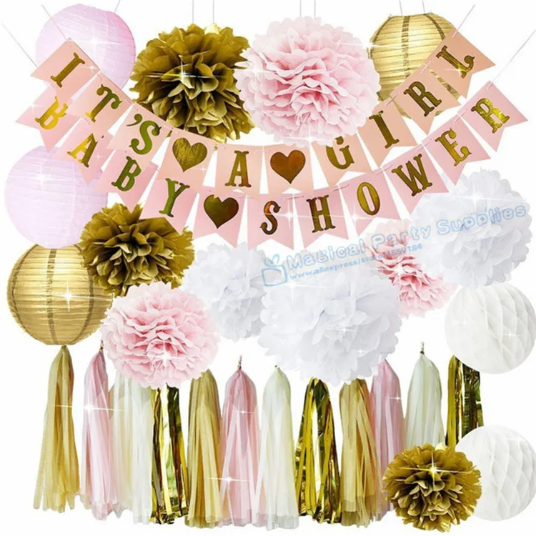 1 Set Gold Pink White Tissue Paper Pom Poms Lanterns Honeycomb Ball Wedding Birthday Girl Baby Shower Party Decoration | Дом и сад