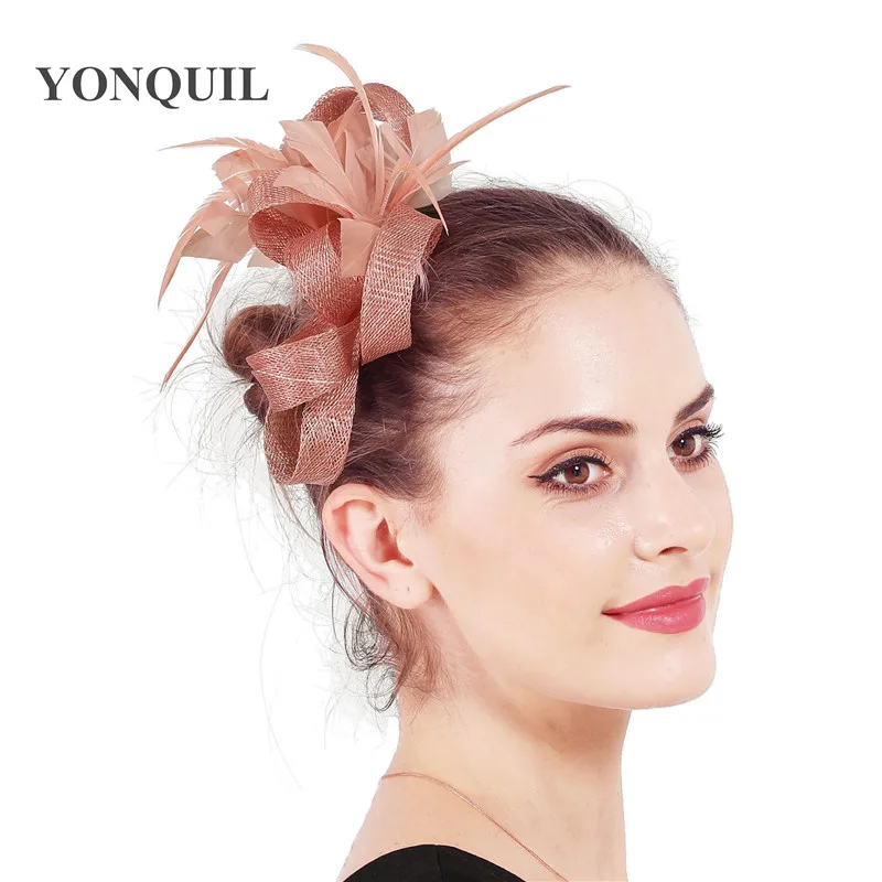 peach Peach sinamay fascinator wedding women hat headband fancy feather flower fashion headwear ladies hair accessories fedora clips - Color: peach