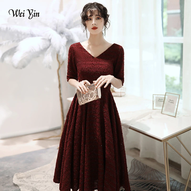 Wei yin AE0213 Robe de soiree сексуальные платья с v-образным вырезом бордовые Длинные вечерние платья 2019 A Line кружевные платья для выпускного в деловом