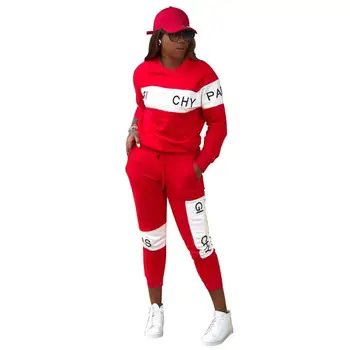 

Sport Wear Casual Women Suit Red White Letter Print Femme O Neck Long Sleeve Pullover Top And Slim Pocket Trousers Tracksuit