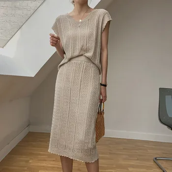 

Knitted Two Piece Set 2020 Summer V-neck Short Sleeve Solid Color Female Tops And Mid-Calf Skirt Korean Women Sets Preppy Style