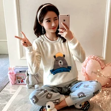 Autumn Winter Warm Flannel Women Pyjamas Sets Thick Coral Velvet Long Sleeve Cartoon Sleepwear Thin Flannel Pajamas Set